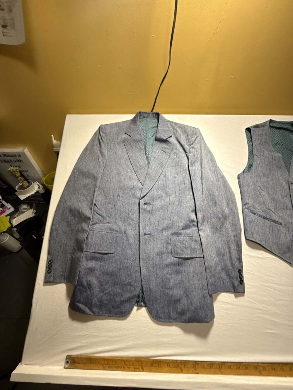 Vintage Suit Blazer Vest Set Grey Linen Texture